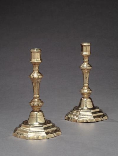 Pair of Brass Candlesticks with Incised Decoration