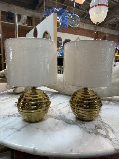 Pair of Brass Ribbed Base Table Lamps with Drum Shades