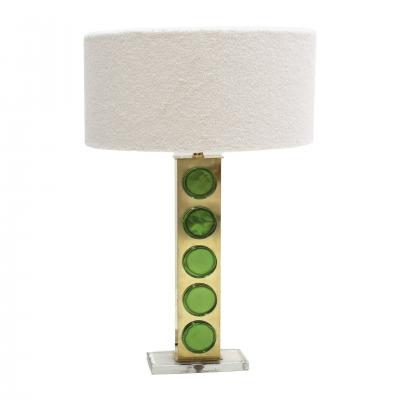 Pair of Brass Table Lamps with Green Murano Glass Italy
