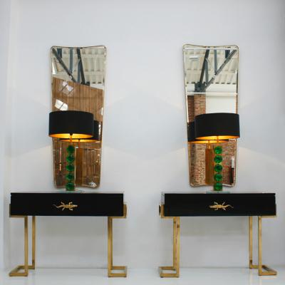 Pair of Brass Table Lamps with Green Murano Glass Italy