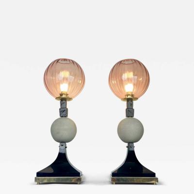 Pair of Brass Wood Pumice Stone w Pink Murano Art Glass Diffusers Table Lamps