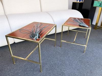 Pair of Brass and Ceramic Side Table Italy 1970s