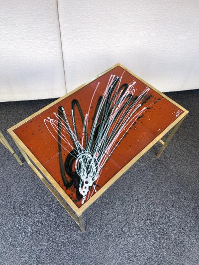 Pair of Brass and Ceramic Side Table Italy 1970s