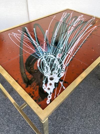 Pair of Brass and Ceramic Side Table Italy 1970s