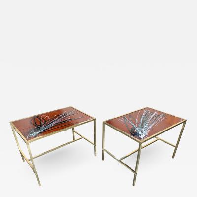 Pair of Brass and Ceramic Side Table Italy 1970s