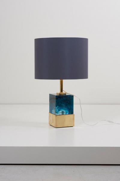 Pair of Brass and Murano Glass Cube Table Lamps