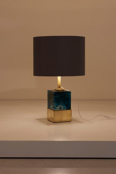 Pair of Brass and Murano Glass Cube Table Lamps
