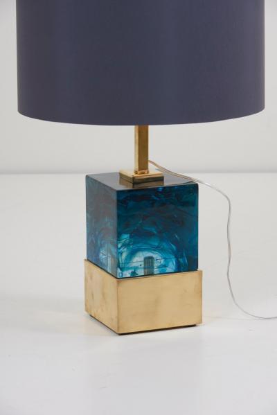 Pair of Brass and Murano Glass Cube Table Lamps