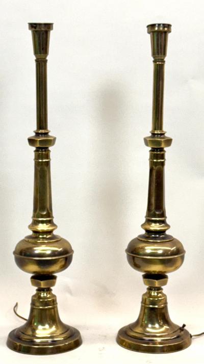 Pair of British Mid Century Modern Neoclassical Brass Baluster Table Lamps