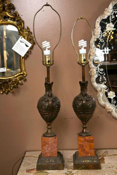 Pair of Bronze Ewers Mounted as Lamps