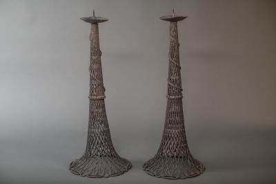 Pair of Bronze Fishnet Candlesticks