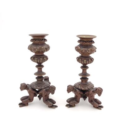 Pair of Bronze French Baroque Style Candlesticks with Satyrs 19th Century