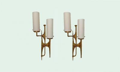Pair of Bronze Glass Shades Brutalist Wall Sconces