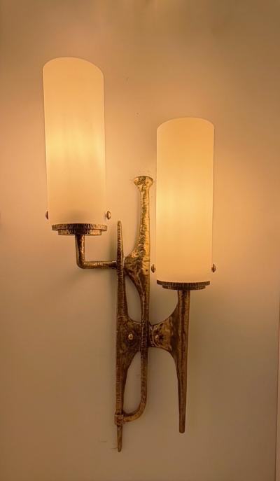 Pair of Bronze Glass Shades Brutalist Wall Sconces