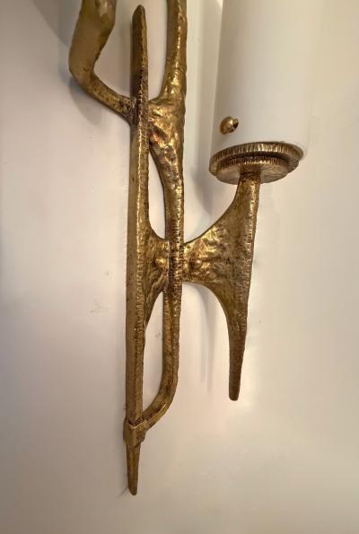 Pair of Bronze Glass Shades Brutalist Wall Sconces