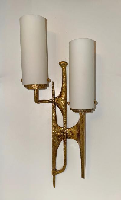 Pair of Bronze Glass Shades Brutalist Wall Sconces