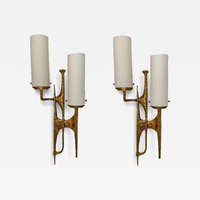 Pair of Bronze Glass Shades Brutalist Wall Sconces