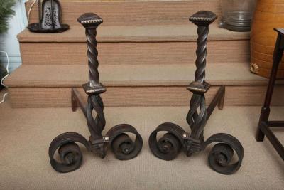 Pair of Bronze Inlaid Arts Crafts Andirons
