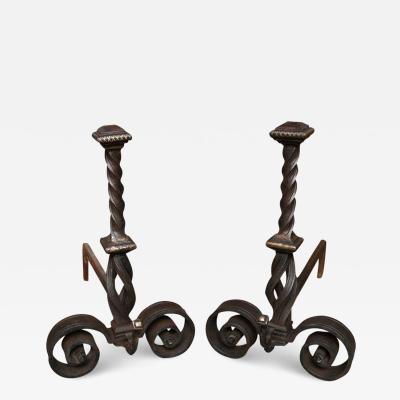 Pair of Bronze Inlaid Arts Crafts Andirons