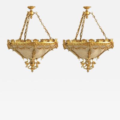 Pair of Bronze Louis XVI Style Beaded Chandeliers with Bowtie Decoration