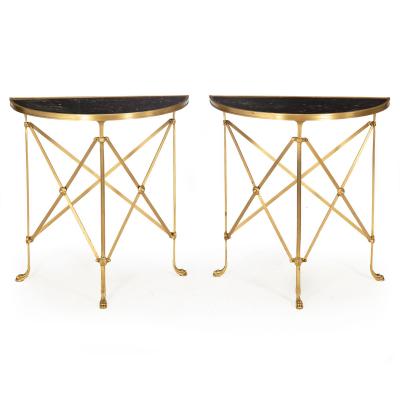 Pair of Bronze and Black Granite Demilune Console Tables Manner of Jansen