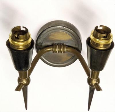 Pair of Bronze and Patinated Two Branch Sconces