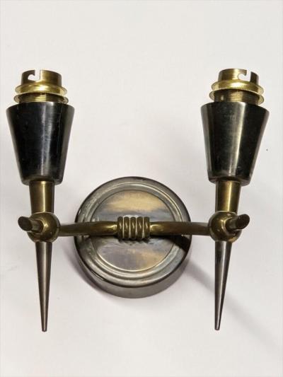 Pair of Bronze and Patinated Two Branch Sconces