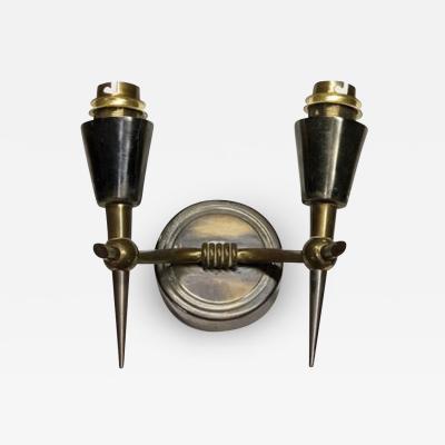 Pair of Bronze and Patinated Two Branch Sconces