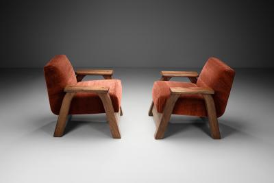 Pair of Brutalist Armchairs Upholstered in Red Mohair France 1960s