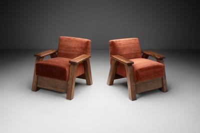 Pair of Brutalist Armchairs Upholstered in Red Mohair France 1960s
