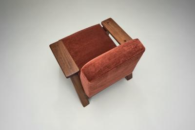 Pair of Brutalist Armchairs Upholstered in Red Mohair France 1960s