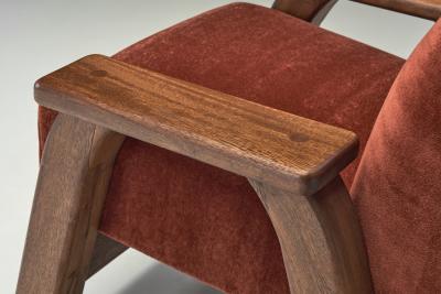 Pair of Brutalist Armchairs Upholstered in Red Mohair France 1960s