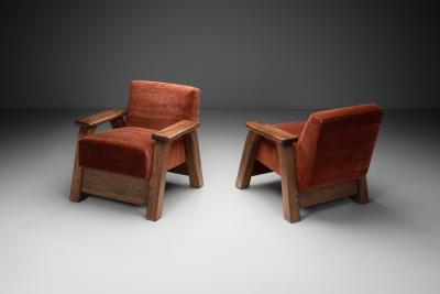 Pair of Brutalist Armchairs Upholstered in Red Mohair France 1960s