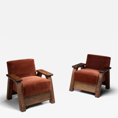 Pair of Brutalist Armchairs Upholstered in Red Mohair France 1960s