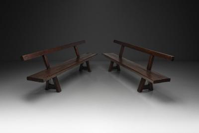 Pair of Brutalist Benches in Solid Oak Belgium Second Half of the 20th Century