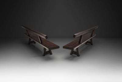 Pair of Brutalist Benches in Solid Oak Belgium Second Half of the 20th Century