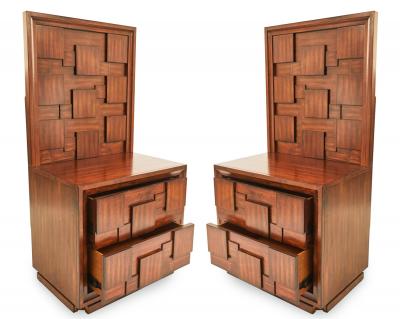 Pair of Brutalist Mahogany Two Drawer Bedside Tables