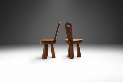 Pair of Brutalist Solid Wood Low Tripod Chairs France 1960s