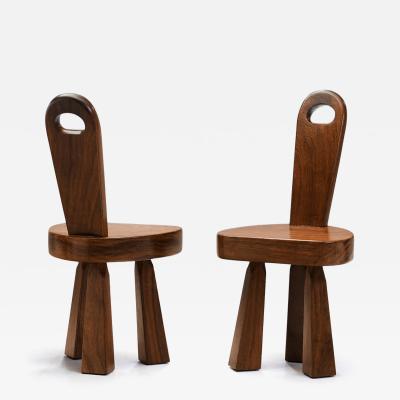 Pair of Brutalist Solid Wood Low Tripod Chairs France 1960s
