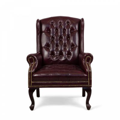 Pair of Burgundy Tufted Leather Wing Back Chairs