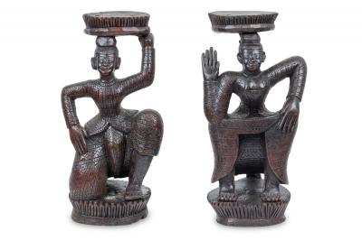 Pair of Burmese Ebonized Wood Dancing Figures