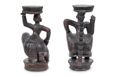 Pair of Burmese Ebonized Wood Dancing Figures