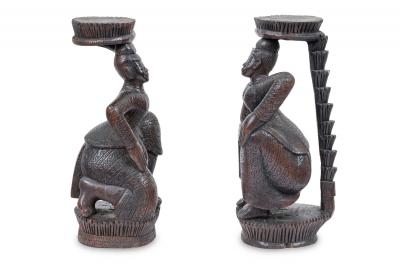 Pair of Burmese Ebonized Wood Dancing Figures