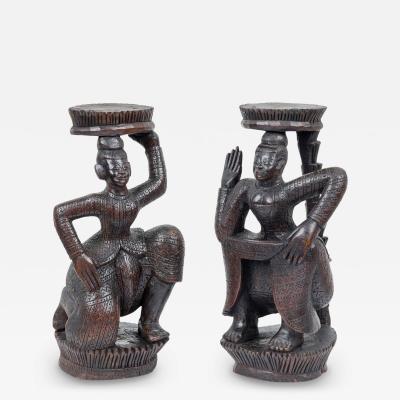 Pair of Burmese Ebonized Wood Dancing Figures