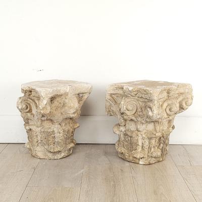 Pair of Caen Stone Gallo Romano Corinthian Capitals probably circa A D 300