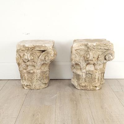 Pair of Caen Stone Gallo Romano Corinthian Capitals probably circa A D 300