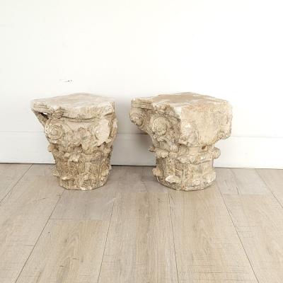 Pair of Caen Stone Gallo Romano Corinthian Capitals probably circa A D 300