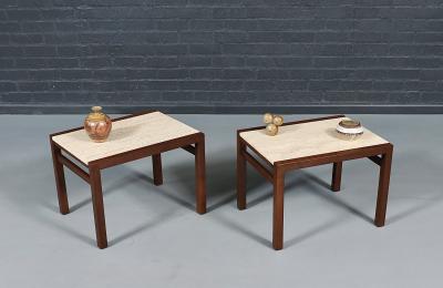 Pair of Californian Modern Travertine Top Side Tables