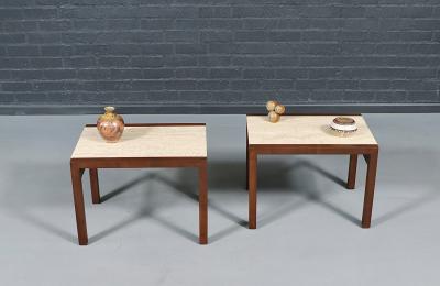 Pair of Californian Modern Travertine Top Side Tables