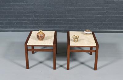 Pair of Californian Modern Travertine Top Side Tables